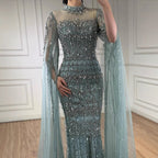 Serene Hill Dubai Blue Beaded Evening Dress with Cape Sleeves 2025 Formal Party Gowns for Women DLA72714A Customized