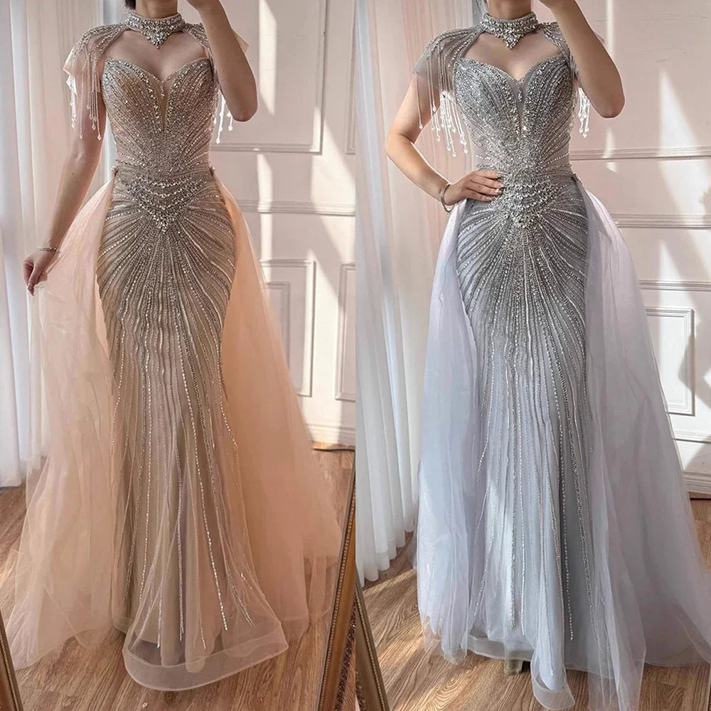 Serene Hill Nude Mermaid Tassel Beaded Evening Dress with Detachable Overskirt Formal Party Gown for Women DLA73182 Customized