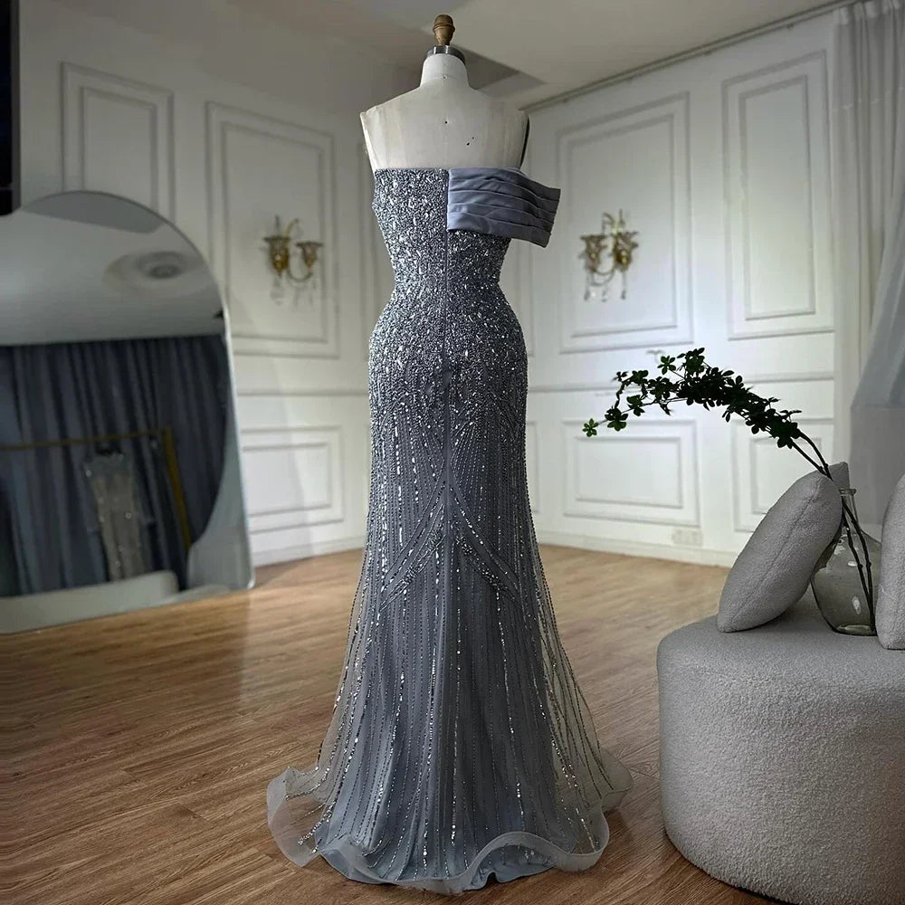Serene Hill 2025 Dubai Grey Mermaid One Shoulder Beaded Long Evening Dresses Gowns For Formal Occasion DLA72650 Customized