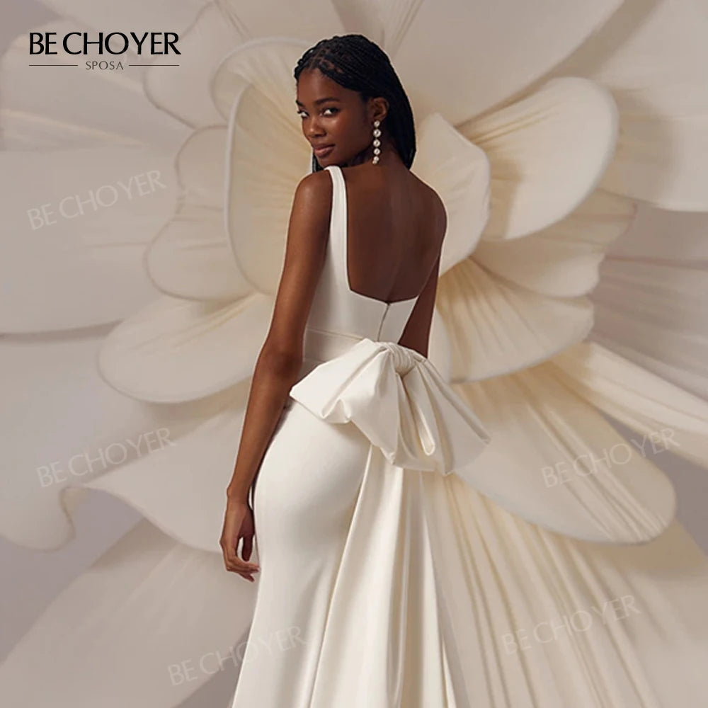 Sleeveless Mermaid Wedding Dress 2026 Square Collar Satin Detachable Bride Gown customized BECHOYER EL312 Vestido de Noiva