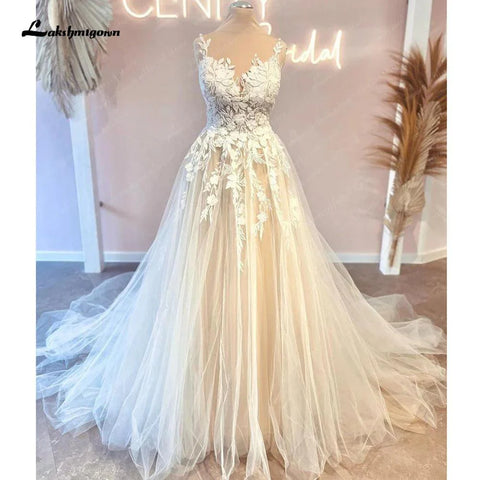 NumberSea Prinzessin Blumenspitze Brautkleider für Frauen Champagner Zivil Boho Brautkleider Vestido De Novia Gericht Zug 