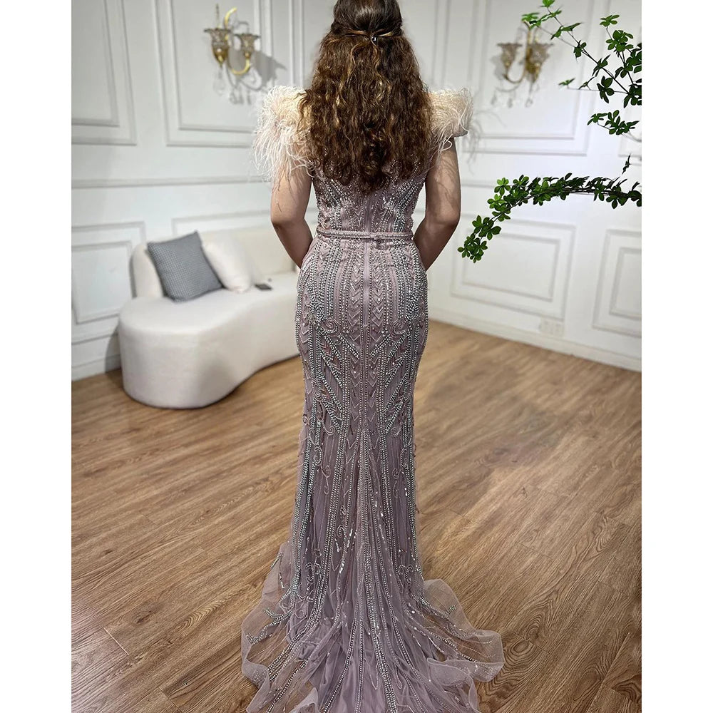 Serene Hill Customized Lilac Feathers Beaded Mermaid Evening Dresses 2025 Elegant Party Gowns for Women DLA70830