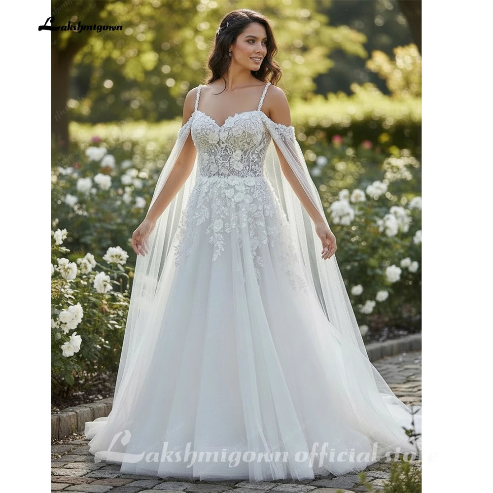 Lakshmigown Sexy Wedding Dress with Detachable Cape Spaghetti Straps Applique Sweep Train Woman Bridal Gown for Bride Customized