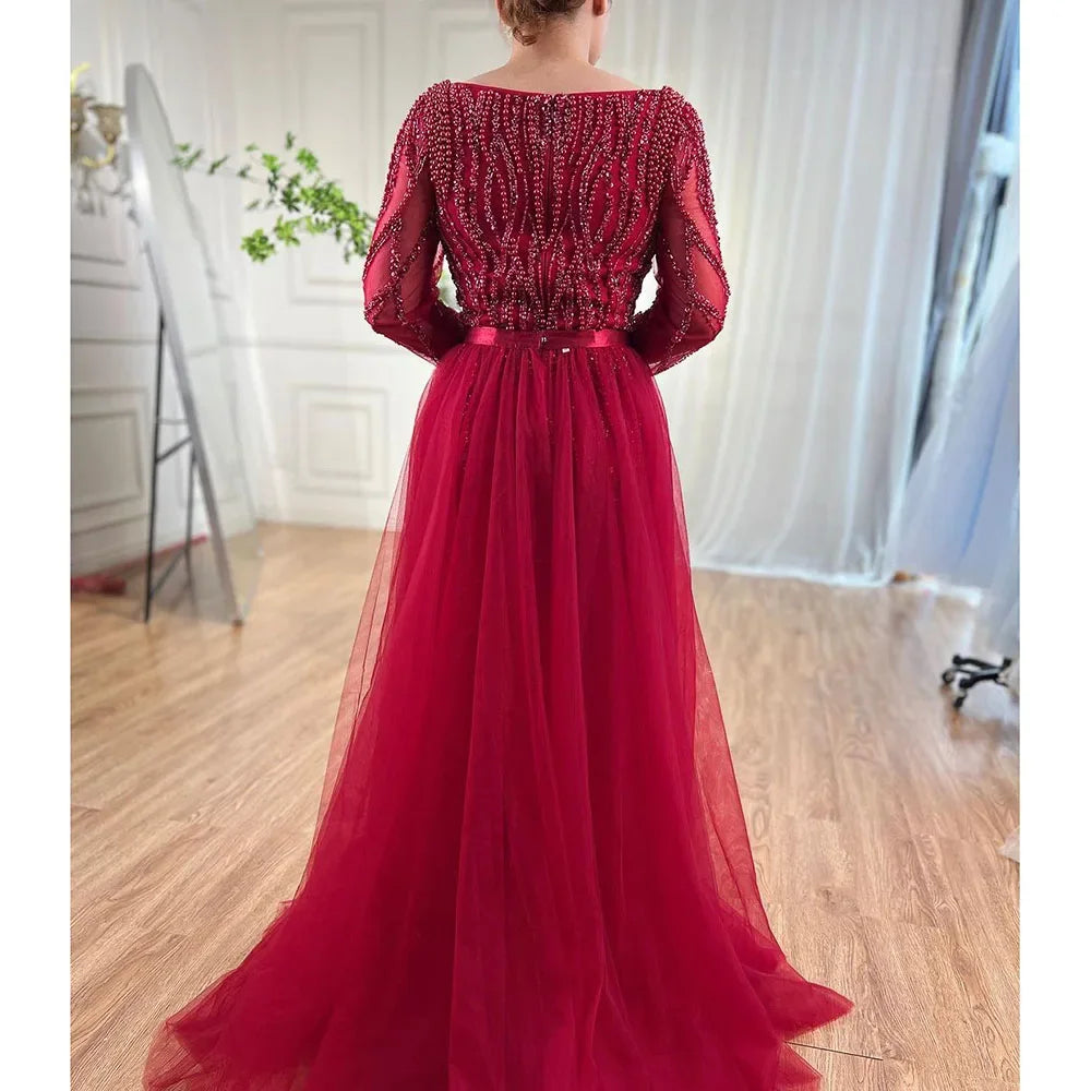 Serene Hill Customized Blue Long Sleeves Mermaid Pearls Beaded Evening Dresses Elegant Party Gowns For Women Wedding DLA71861