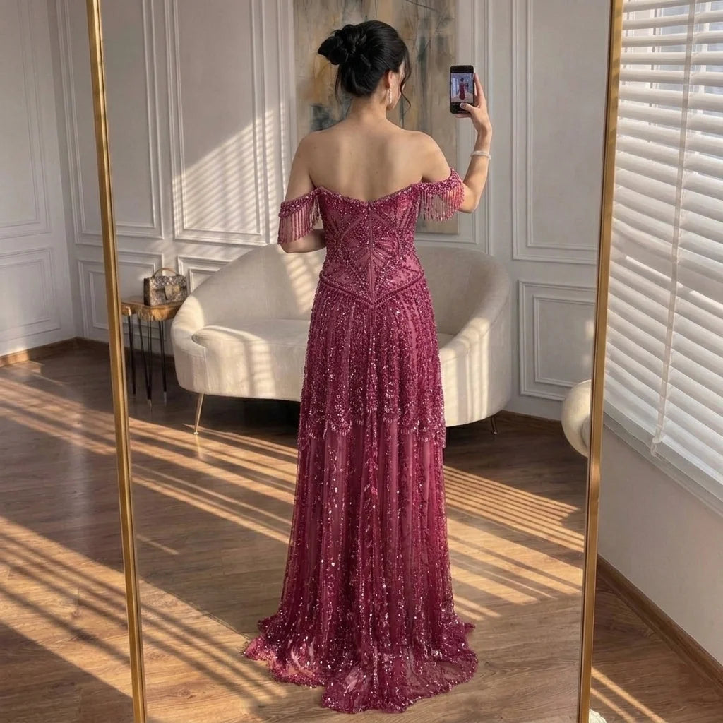 Serene Hill 2026 Off-Shoulder Fuchsia Beaded Evening Dress Elegant Wedding Party Gown for Women DLA73594 Customized