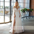 Beach Wedding Dresses Sexy V-Neck Spaghetti Straps High Side Slit Bride Dress 2025 Lace Appliques Beaded Ribbons Bridal Gown New