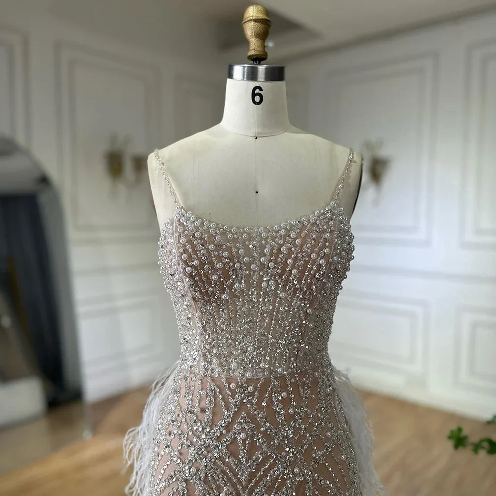 Serene Hill White Nude Spaghetti Strap Feathers Beaded Mermaid Evening Dress Party Gown for Women DLA72823 Customized