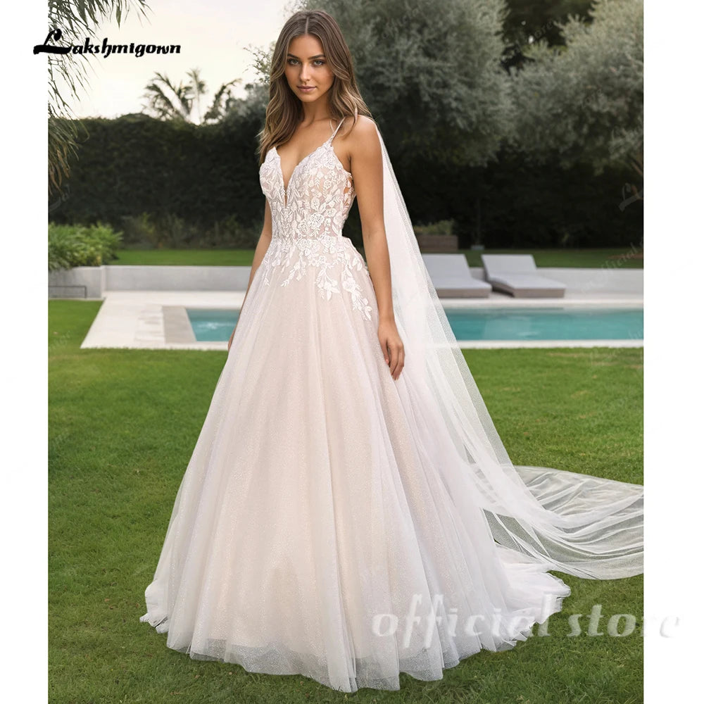 Lakshmigown Spaghetti Straps V Neck Wedding Dresses for Bride Boho A-Line Tulle Bridal Dresses Court Train Customized