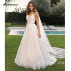 Lakshmigown Spaghetti Straps V Neck Wedding Dresses for Bride Boho A-Line Tulle Bridal Dresses Court Train Customized