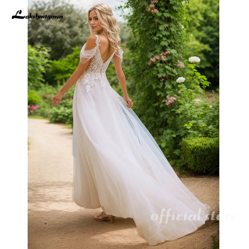 Lakshmigown Tulle A-line Spaghetti Straps Wedding Dress Classic Button Back Off the Shoulder V-neck Tulle Bridal Dres Customized