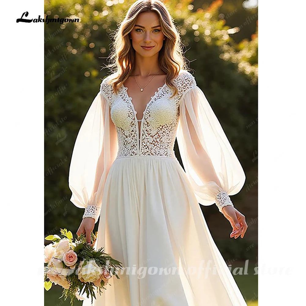 Lakshmigown Chiffon A Line V-Neck Court Train Ivory Wedding Dress with Lace vestido de novia para boda Customized