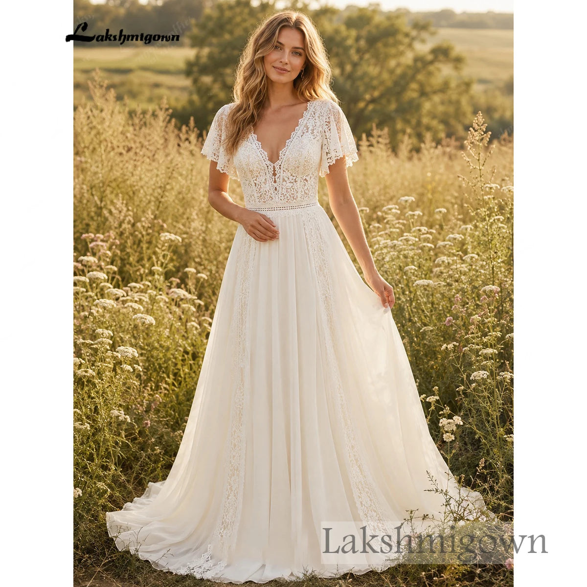 Lakshmigown Boho Beach Chiffon Wedding Dress Deep V‑Neck Flutter Short Sleeves Lace Appliques A‑Line Bridal Gown Customized