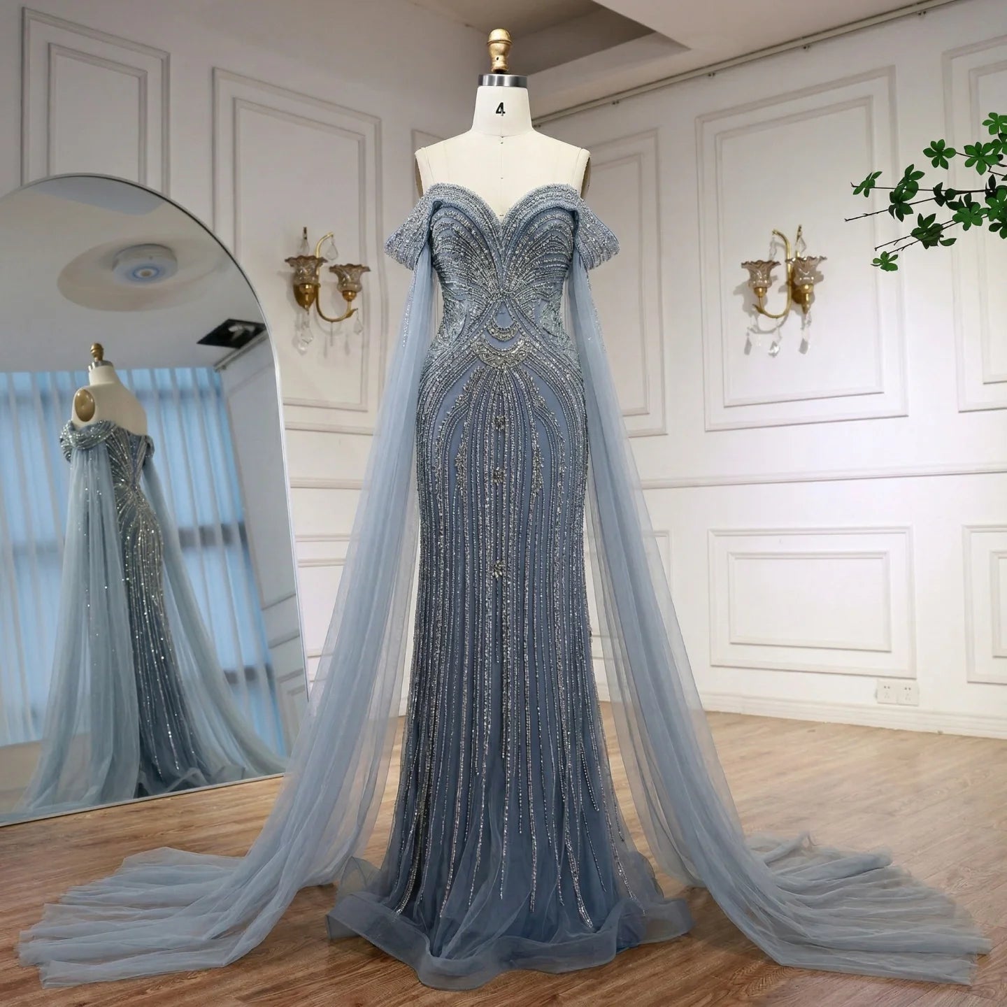 Serene Hill Dusty Blue Off-Shoulder Evening Dress Heavy Beaded Mermaid Party Gown with Elegant Cape Sleeves Customized DLA73151