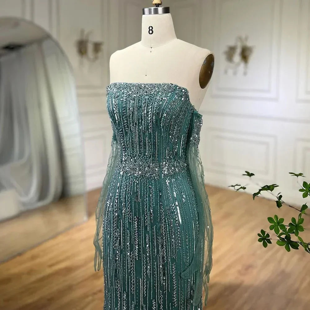 Serene Hill Turquoise Strapless Mermaid Beaded Evening Party Dresses Gowns with Gloves Customized DLA71950
