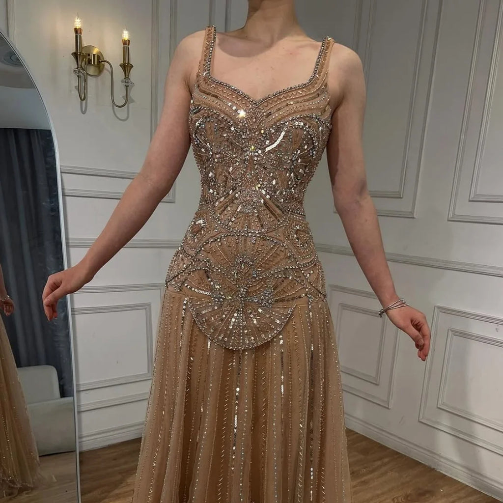 Serene Hill Customized 2026 Nude A-line Beaded Evening Dresses Luxury Party Gowns for Women DLA73189