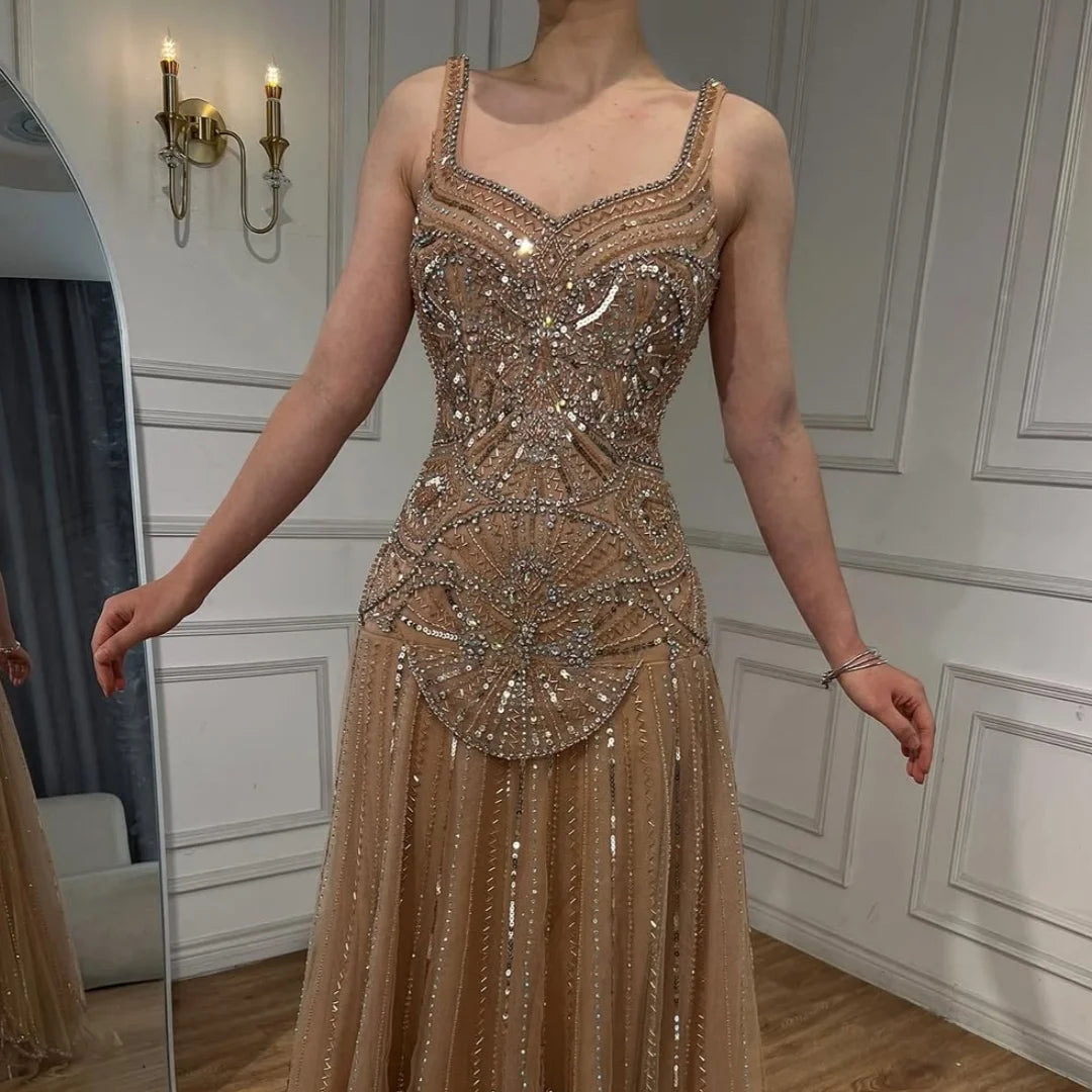 Serene Hill Customized 2026 Nude A-line Beaded Evening Dresses Luxury Party Gowns for Women DLA73189