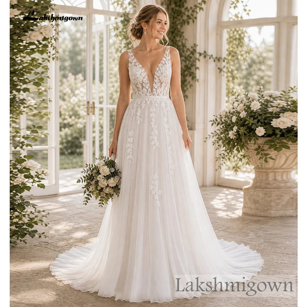 Lakshmigown Sexy Boho Country Tulle Illusion Wedding Dress Deep V‑Neck Sleeveless Lace Appliques Tulle Bridal Gown Customized