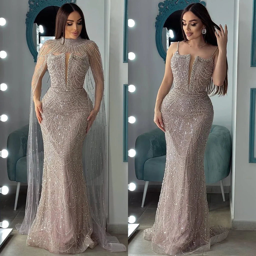 Abito da Sera di Lusso Perle Nude Abito Ricamato con Cristalli e Strascico in Tulle LA72189A