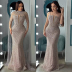 Abito da Sera di Lusso Perle Nude Abito Ricamato con Cristalli e Strascico in Tulle LA72189A