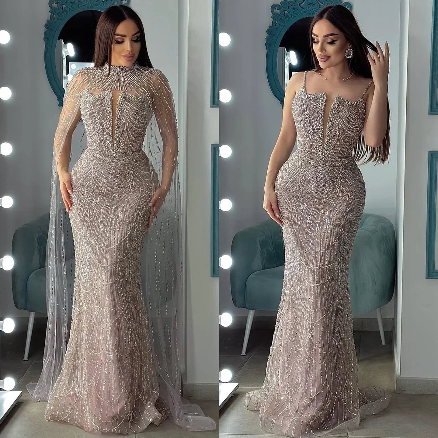 Abito da Sera di Lusso Perle Nude Abito Ricamato con Cristalli e Strascico in Tulle LA72189A