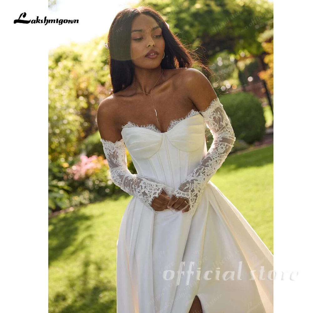 Lakshmigown A Line Satin Wedding Dress 2026 New Off the Shoulder Lace Long Sleeves Wedding Gown Corset Bridal Dress Customized