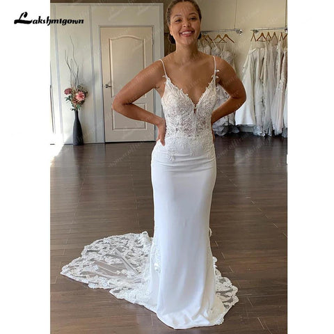 Vestido de noiva estilo sereia, sexy, em crepe, estilo sereia, 2025, com alças finas, estilo boho, para mulher, para praia 