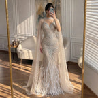 Serene Hill White Nude Mermaid Evening Dresses with Cape Beaded Feathers Party Gowns for Formal Occasion Customized DLA72882