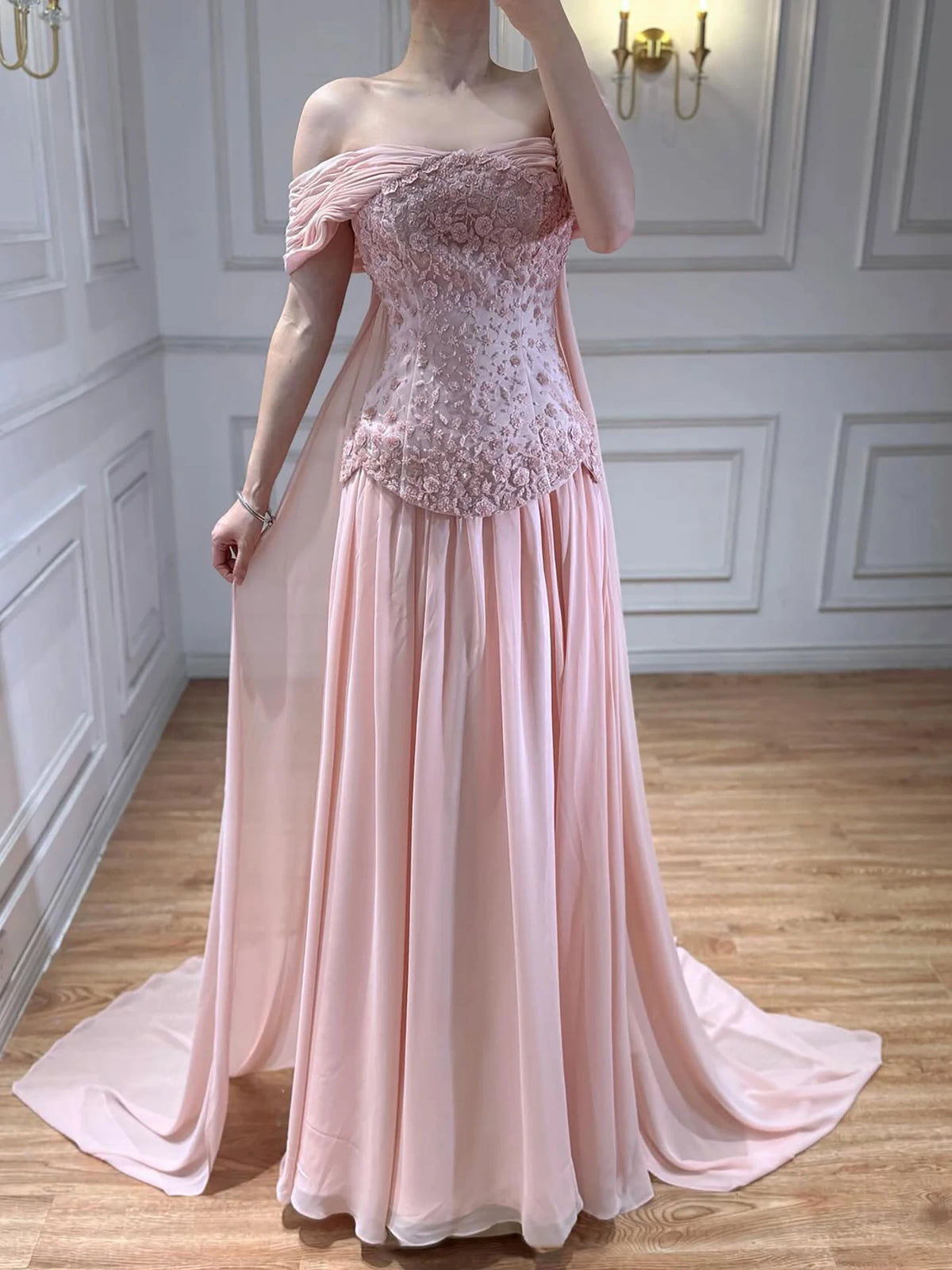 Serene Hill Pink Chiffon Evening Dress 2026 Elegant Off-Shoulder Formal Party Gowns with Cape at the Back Customized DLA73438