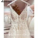 Lakshmigown V neck Tulle Boho Wedding Dresses Customized Lace Appliques A Line Bridal Gown Sukienka Open Back Wedding Gowns