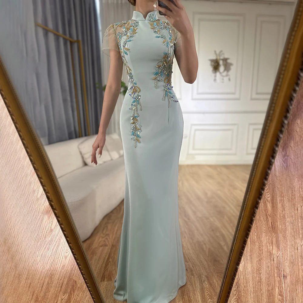 Serene Hill Customized 2025 Saudi Mint Mermaid Beaded Satin Evening Dress Gown with   for Formal Occasion DLA72797