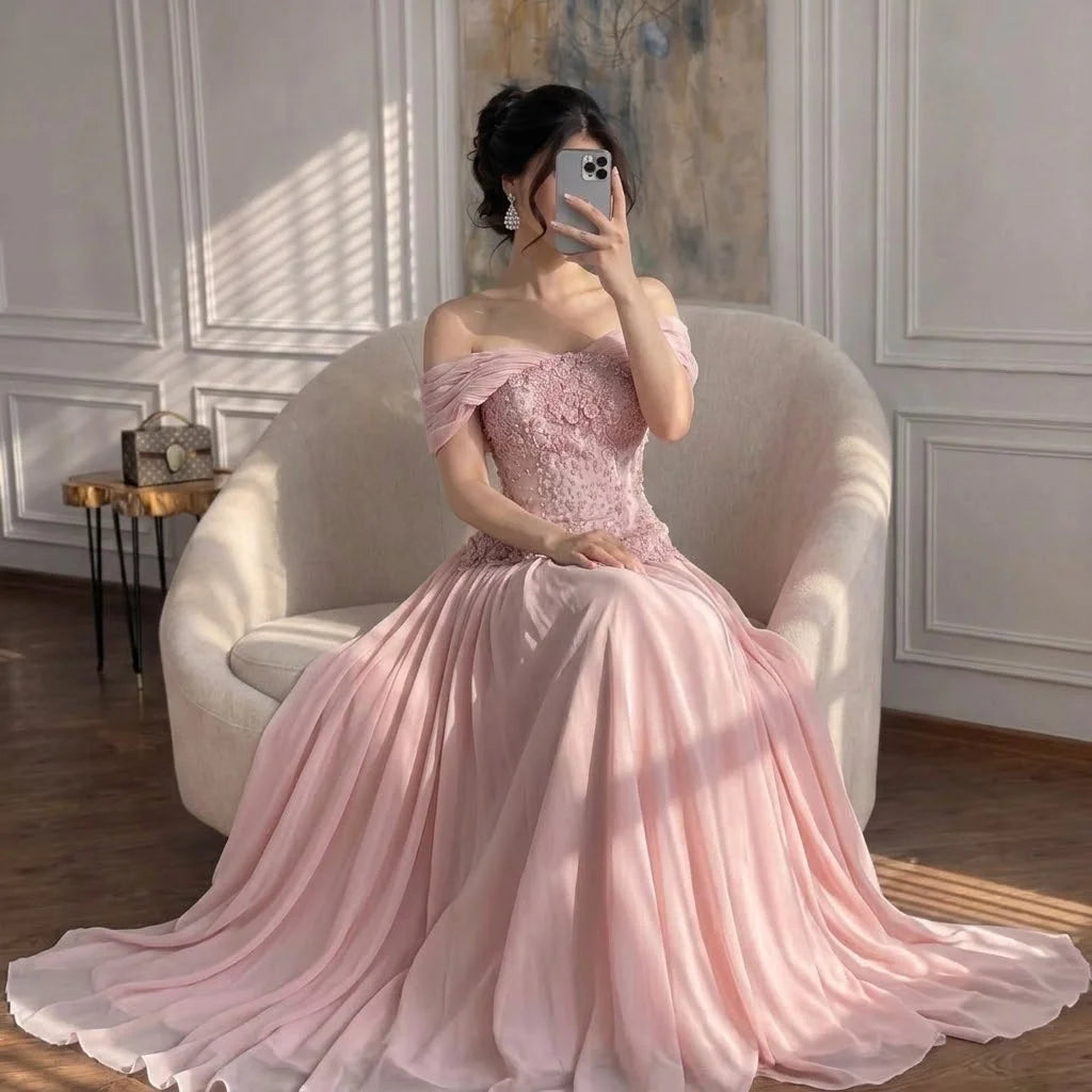 Serene Hill Pink Chiffon Evening Dress 2026 Elegant Off-Shoulder Formal Party Gowns with Cape at the Back Customized DLA73438