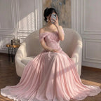 Serene Hill Pink Chiffon Evening Dress 2026 Elegant Off-Shoulder Formal Party Gowns with Cape at the Back Customized DLA73438