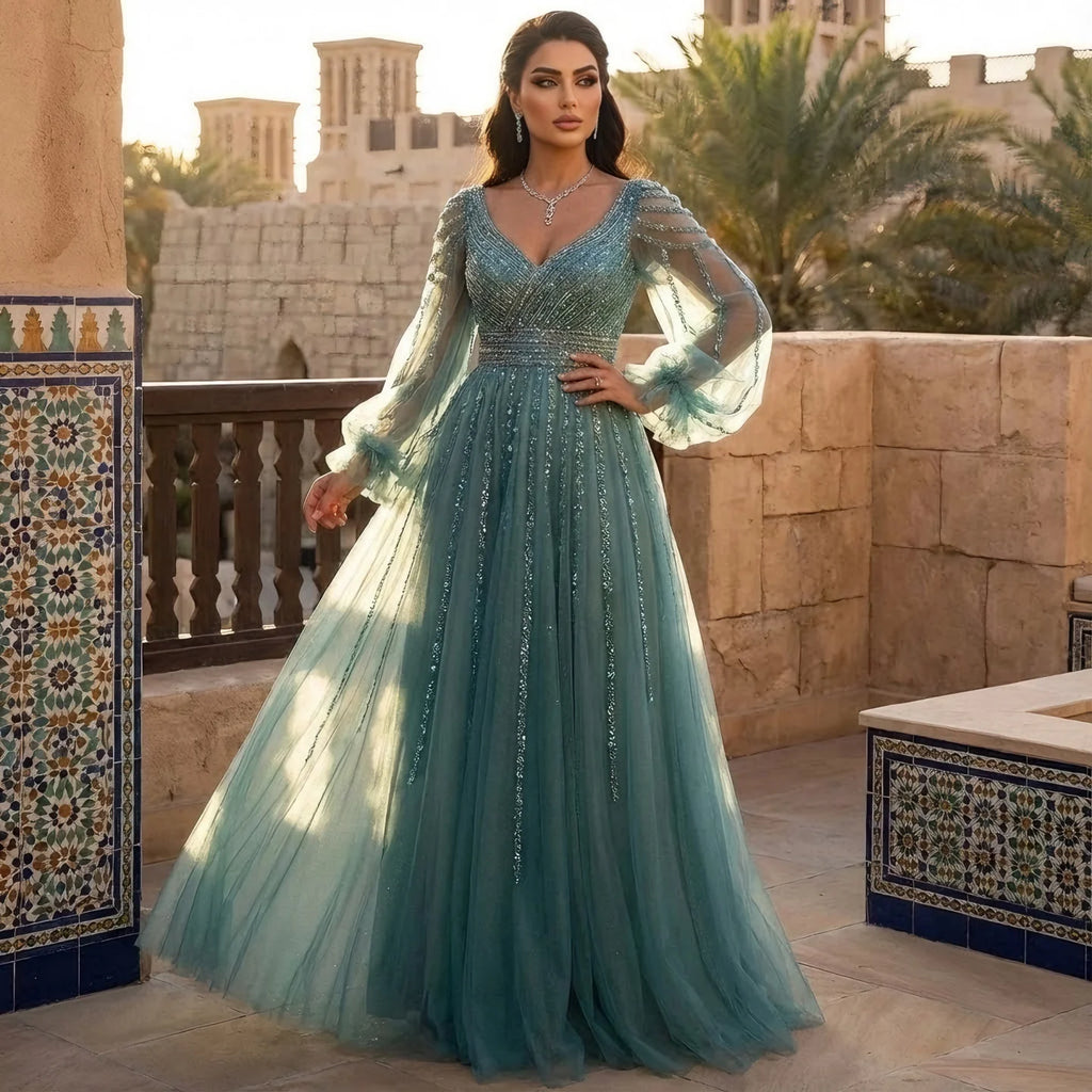 Serene Hill Customized Navy Long Sleeves A-Line Beaded Arabic Evening Dresses Gowns 2024 For Women Wedding Party DLA71867