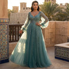 Serene Hill Customized Navy Long Sleeves A-Line Beaded Arabic Evening Dresses Gowns 2024 For Women Wedding Party DLA71867