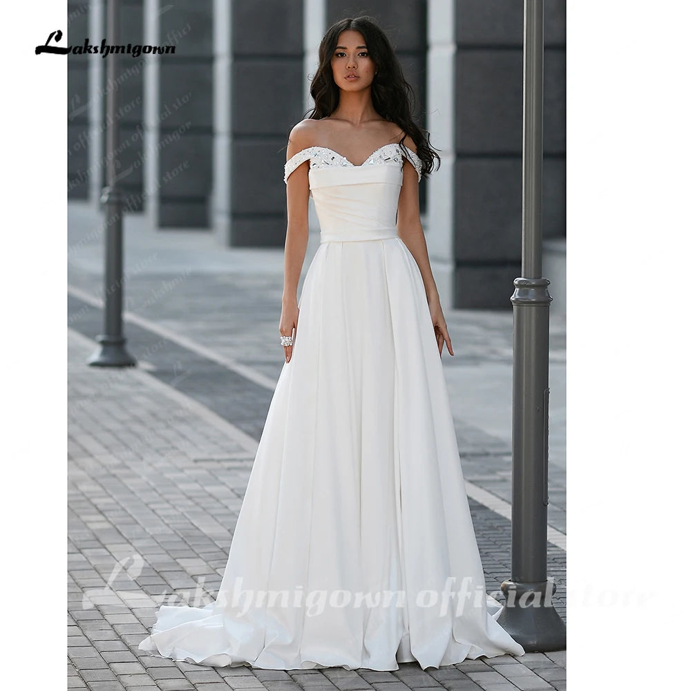 Lakshmigown Pleat Beading A-Line Wedding Dress Strapless High Slit Off The Shoulder Backless Bridal Gown Vestidos De Customized