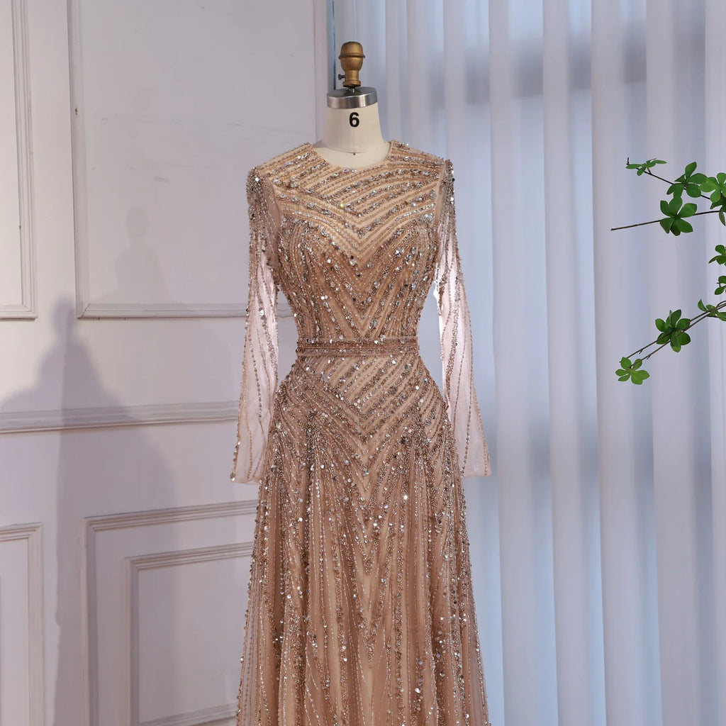 Serene Hill Nude Crew Neck A-line Long Sleeves Evening Dress Beaded Wedding Party Gowns for Women 2026 Customized DLA73208