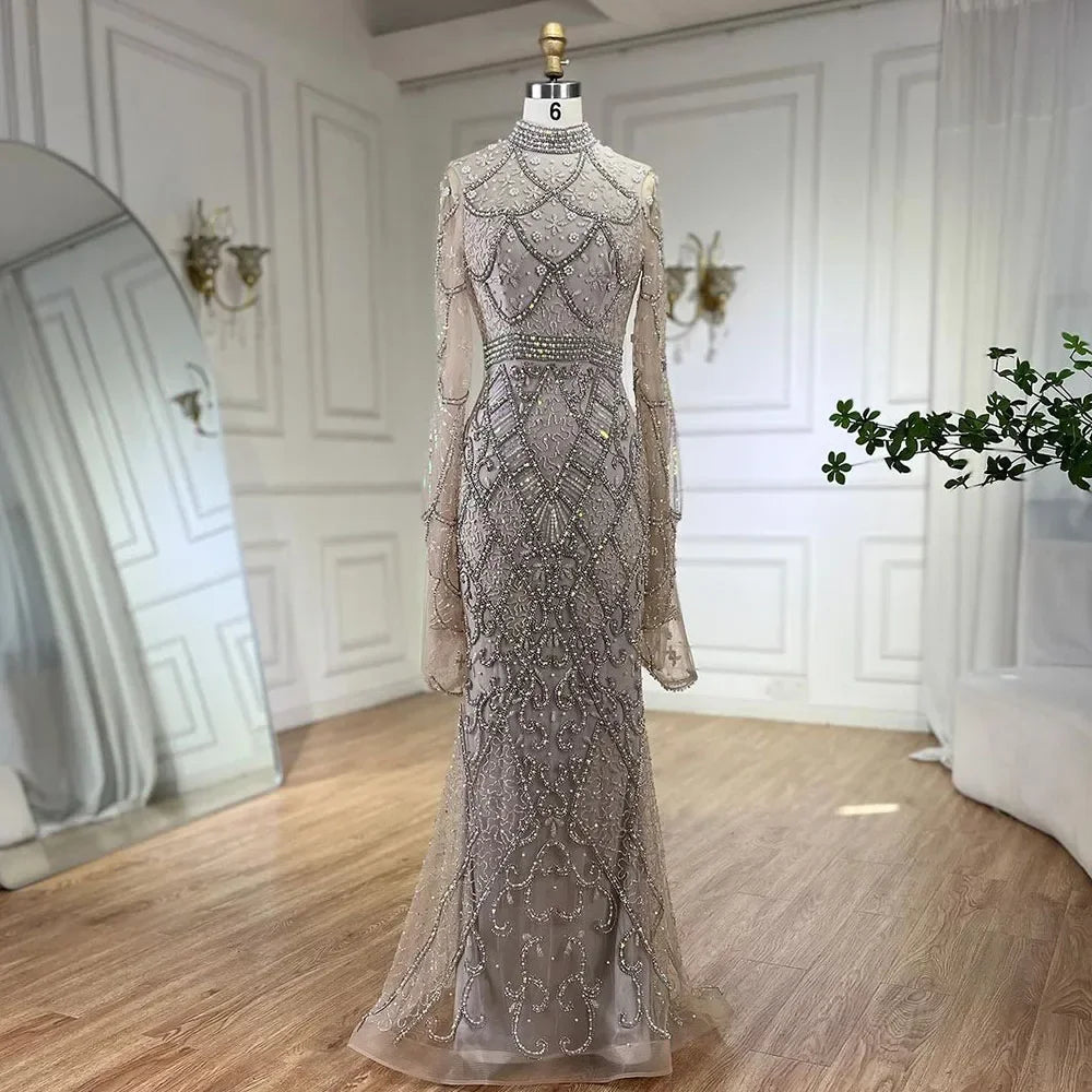 Serene Hill Customized Muslim Gray Mermaid Cape Sleeve Beaded Evening Dress Dubai Elegant Party Gowns 2025 for Women DLA72316