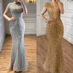 Serene Hill Silver 2026 High Neck Cap Sleeve Mermaid Evening Dress Luxury Beaded Party Gowns Vestidos Customized DLA73221