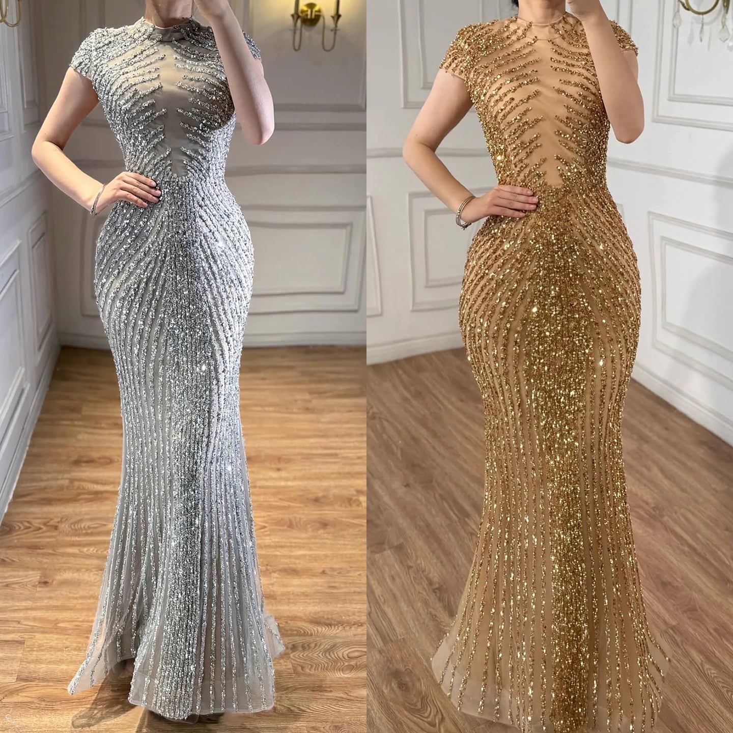 Serene Hill Silver 2026 High Neck Cap Sleeve Mermaid Evening Dress Luxury Beaded Party Gowns Vestidos Customized DLA73221