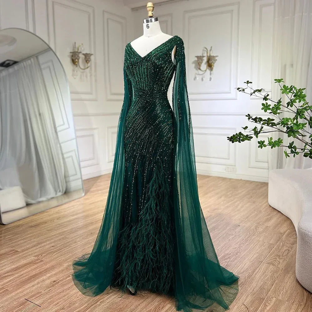 Serene Hill Black Mermaid Cape Sleeves Feathers Beaded Evening Dresses Party Gowns with Split for Women DLA72216 Customized