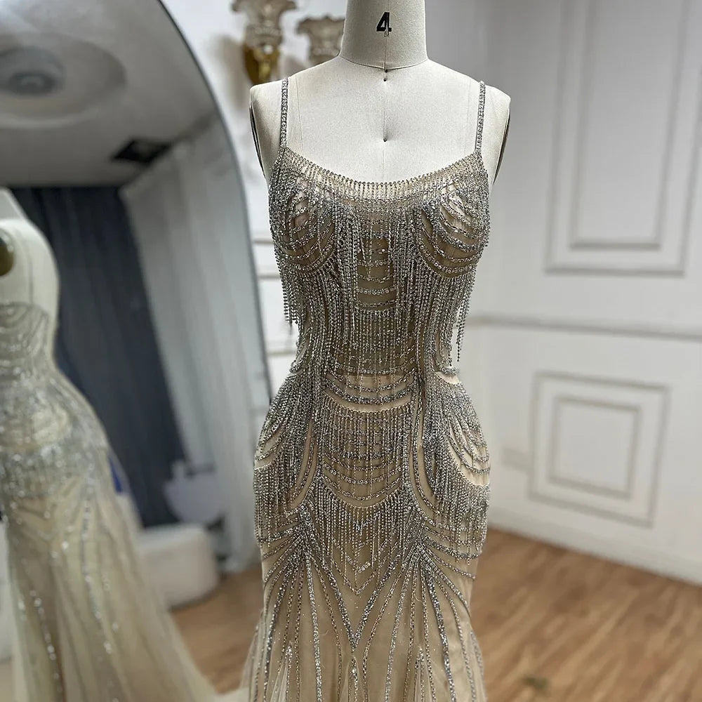 Serene Hill 2025 Elegant Silver Nude Spaghetti Strap Mermaid Evening Dress with  Beaded Tassels for Party DLA72772 Customized