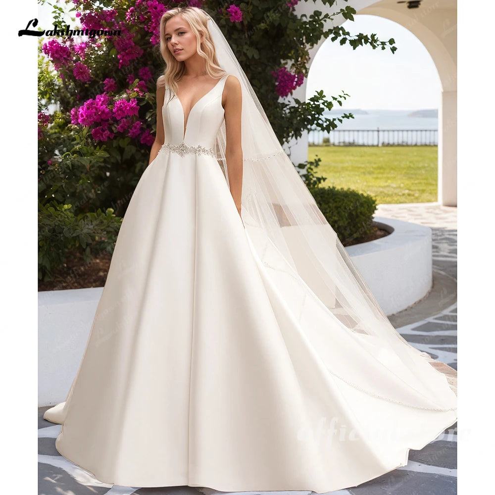 Lakshmigown Sexy Plunging V Neck Satin Wedding Dresses with Belt New A Line Bridal Gowns Vestidos De Nova Customized