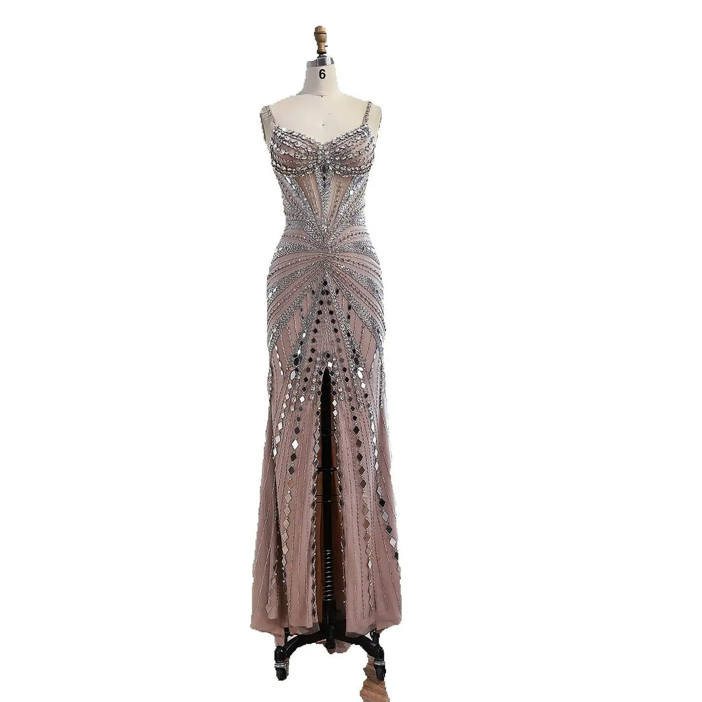Abito da Sera Sirena Lusso Color Carne con Corsetto Ricamato a Perline LA72803A