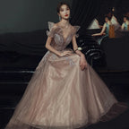Fairy Dreamy Mesh Off Shoulder Celebrity Banquet Dress Cheongsam Female Formal Evening Party Dress Elegant Applique Maxi Dress