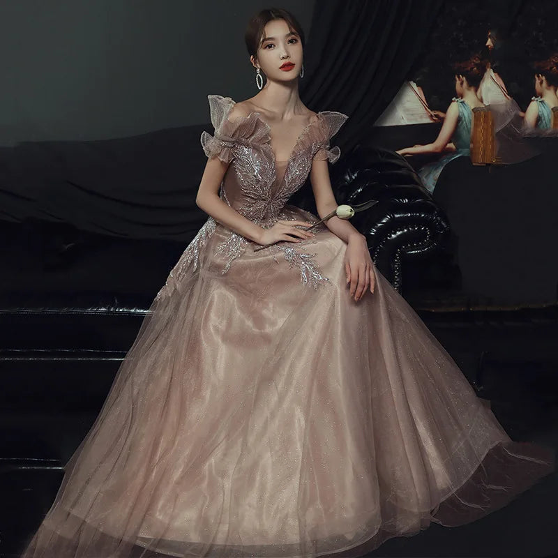 Fairy Dreamy Mesh Off Shoulder Celebrity Banquet Dress Cheongsam Female Formal Evening Party Dress Elegant Applique Maxi Dress