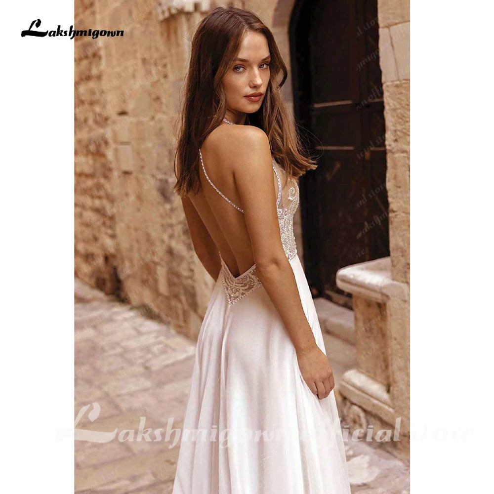 Lakshmigown Halter Neck Lace Chiffon Flowy Outdoor Boho Split Side Wedding Dress for Women 2026 Backless Bridal Gown Customized