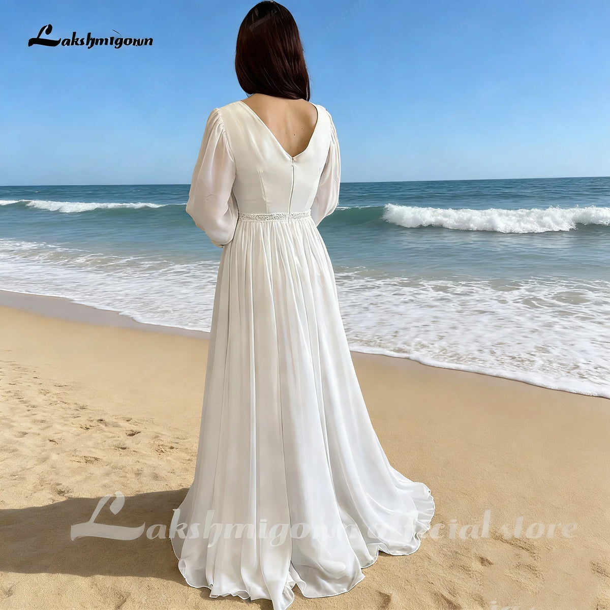 Lakshmigown Beach Wedding Dresses for Summer Puff Sleeves V-Neck Split Sweep Train Simple Bride Vestidos De Nova Customized