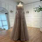 2026 Customized Caramel Beaded A-Line Evening Dress with Cape Sleeves Formal Party Gowns for Women | Nightbubo