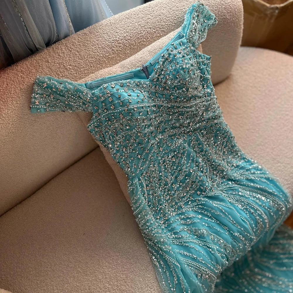 Serene Hill Light Blue Off Shoulder Mermaid High Split Beaded Evening Dresses Party Gowns For Women 2025 DLA72262 Customized