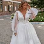 Lakshmigown Plus Size Long Wedding Dress Puff Sleeves V Neck Sweep Train A Line Tulle Robe De Mariage Bridal Dress Customized